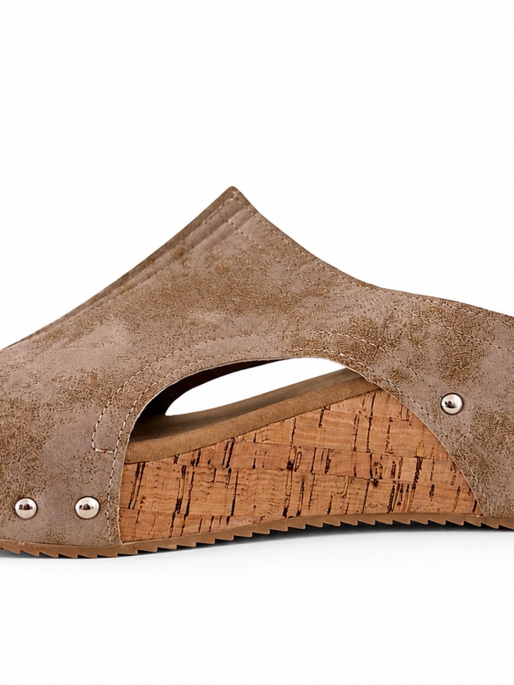 Cork-Wedge Slide Sandals in Taupe
